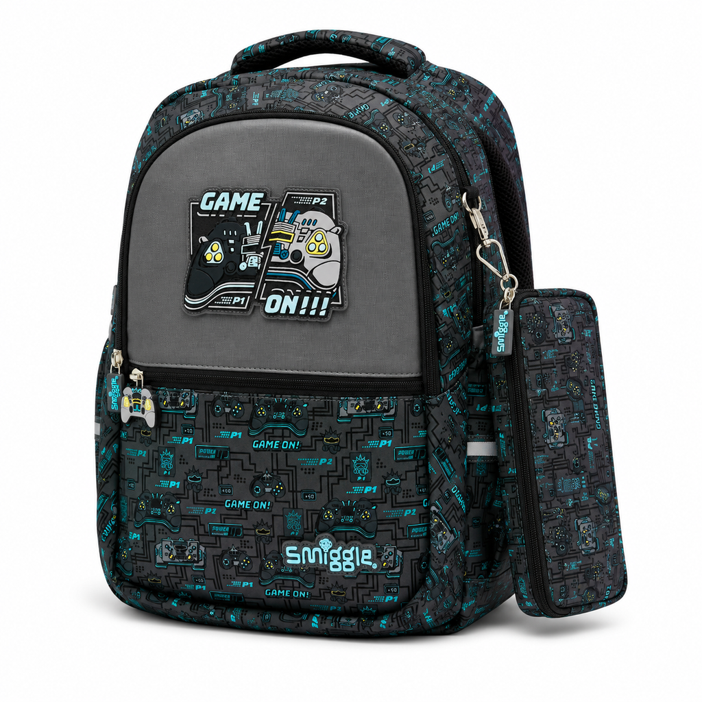 A gaming-themed backpack with a matching zippered pouch, featuring a dark gray and black patterned design with teal accents, a game controller patch, and the Smiggle logo.