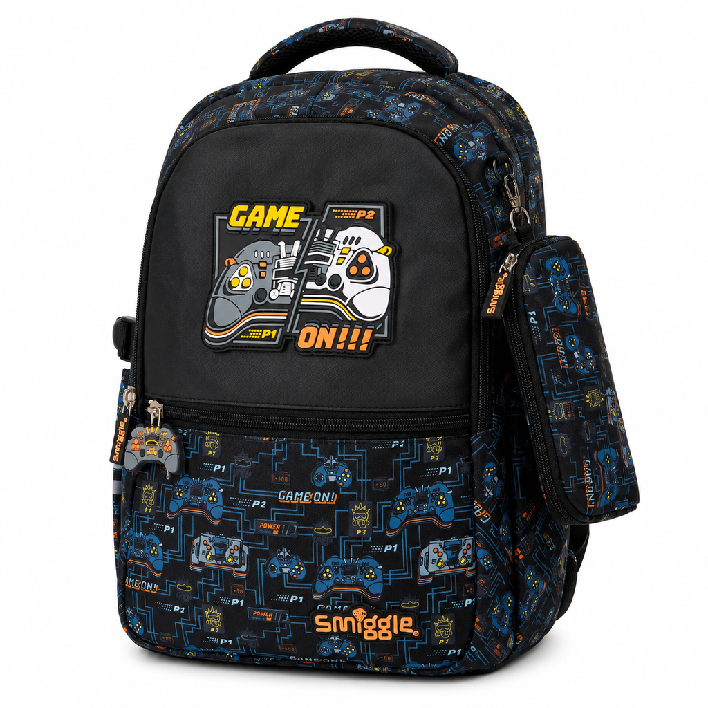 Smiggle Game On 16" School Backpack – Black & Blue Gamer Edition