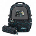 A gaming-themed backpack and matching pencil case set. The set features a dark gray and black background with a teal and yellow video game controller pattern, a large graphic on the front pocket depicting a controller battle, and the brand name 'snuggle' printed on the lower front pocket.