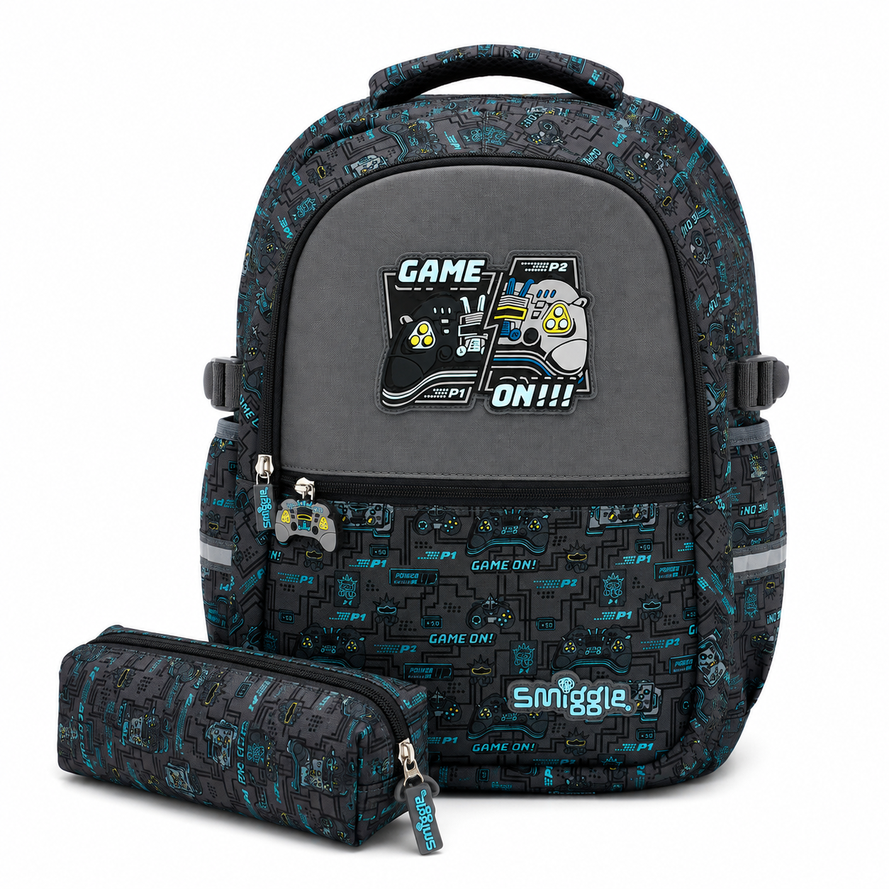A gaming-themed backpack and matching pencil case set. The set features a dark gray and black background with a teal and yellow video game controller pattern, a large graphic on the front pocket depicting a controller battle, and the brand name 'snuggle' printed on the lower front pocket.