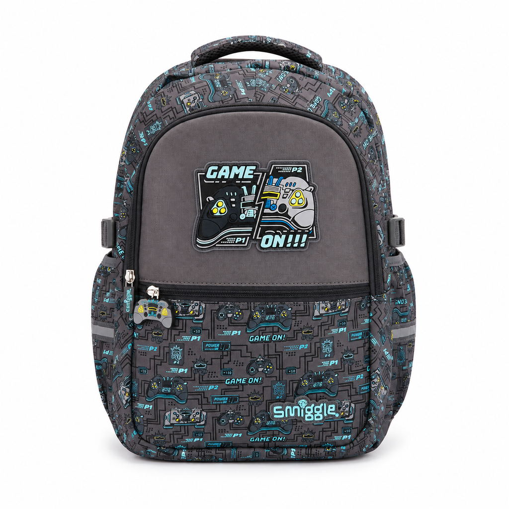 A gray and black backpack with a video game controller and maze pattern, featuring a large 'GAME ON!!!' patch on the front pocket and the 'Smuggle' brand logo near the bottom.