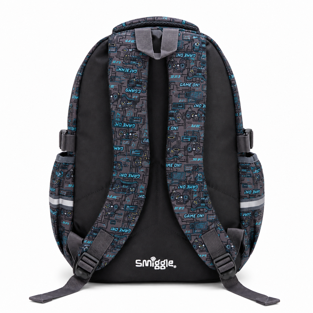 A black backpack with gray and blue 'GAME ON!' text patterns on the front panels, shown from the back against a white background. The brand 'Smuggle.