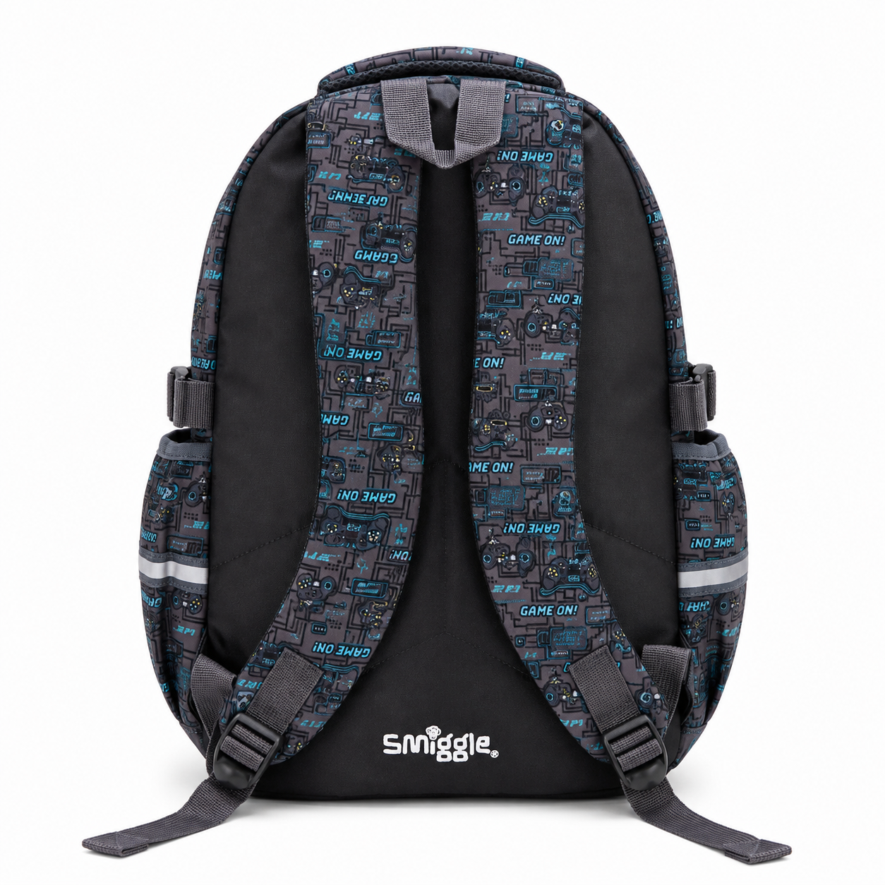 A black backpack with gray and blue 'GAME ON!' text patterns on the front panels, shown from the back against a white background. The brand 'Smuggle.
