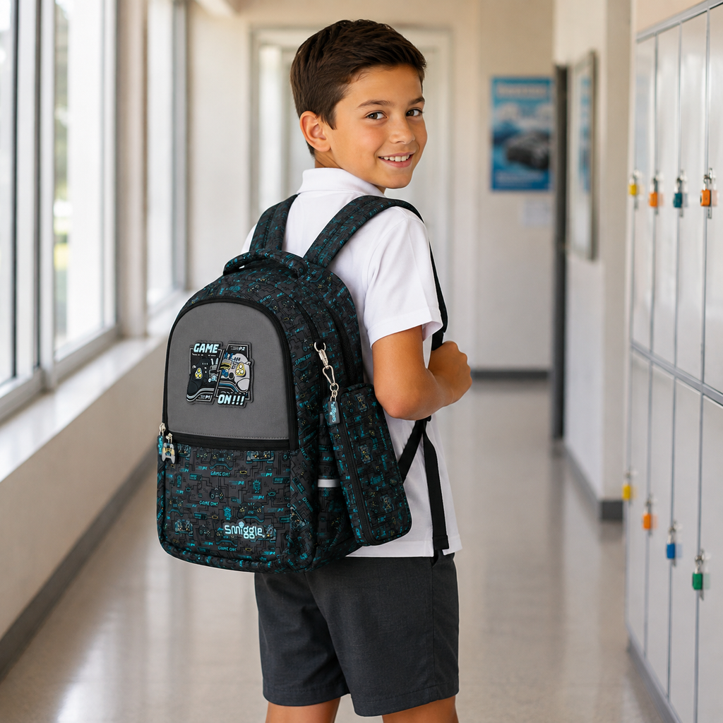 A young boy wearing a white polo shirt and dark shorts stands in a school hallway, carrying a black and teal patterned backpack with a cartoon patch on the front pocket. White lockers line the right side of the hallway.