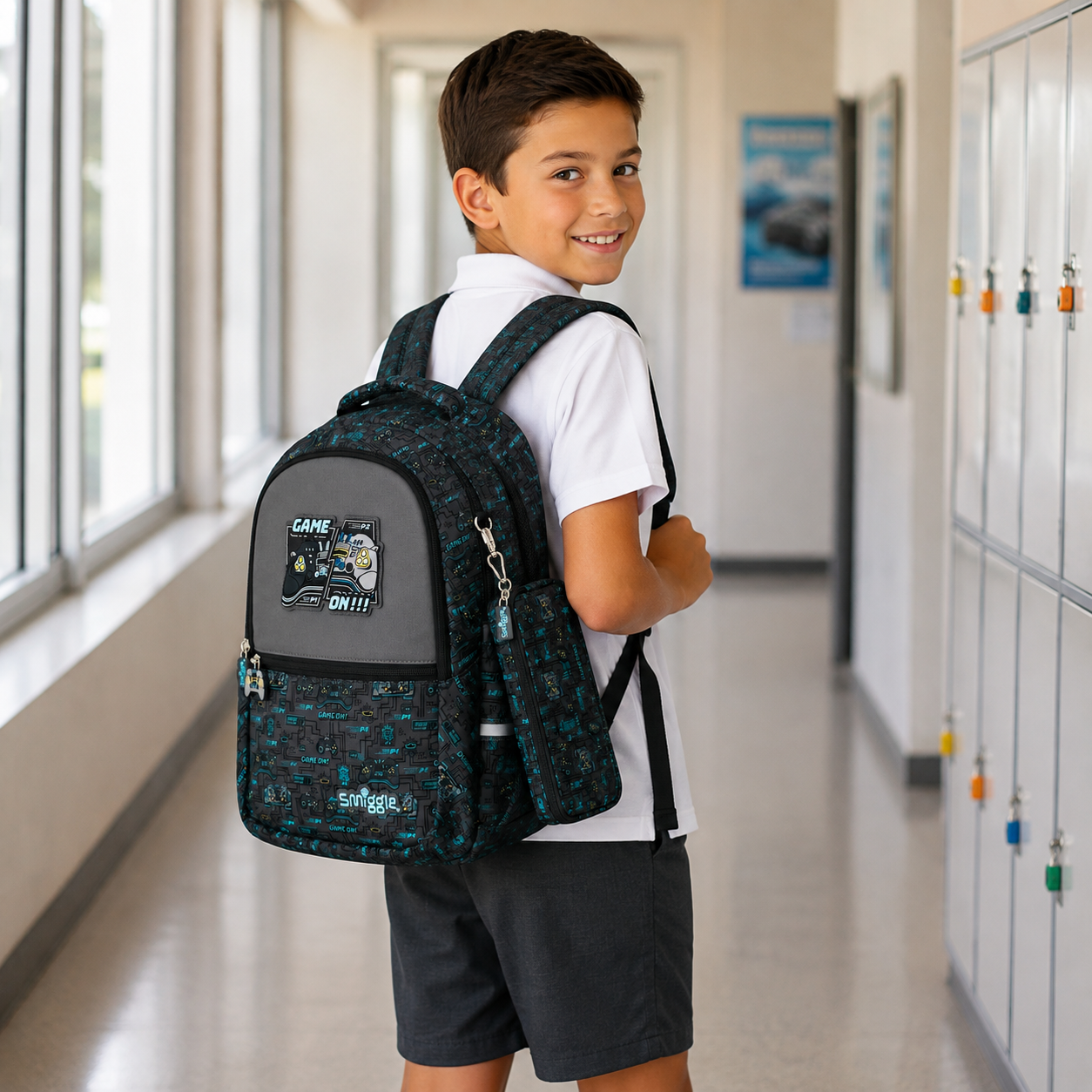 A young boy wearing a white polo shirt and dark shorts stands in a school hallway, carrying a black and teal patterned backpack with a cartoon patch on the front pocket. White lockers line the right side of the hallway.