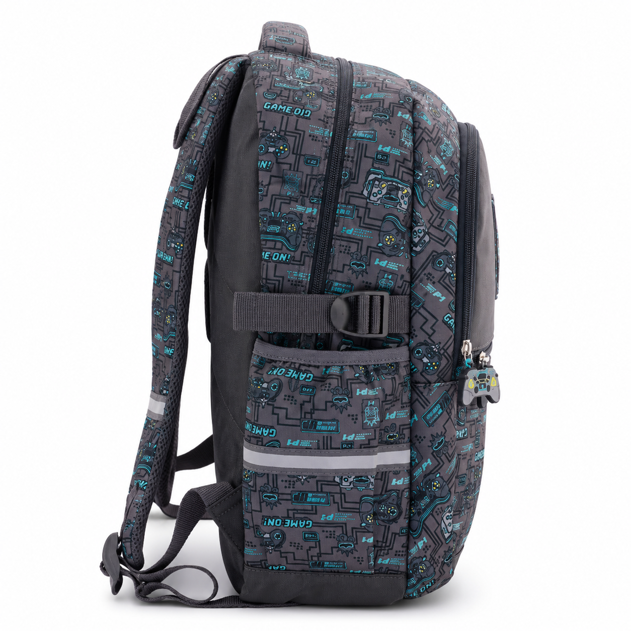 A gray and black backpack featuring a repeating blue and teal video game maze pattern, shown from a three-quarter angle against a white background.