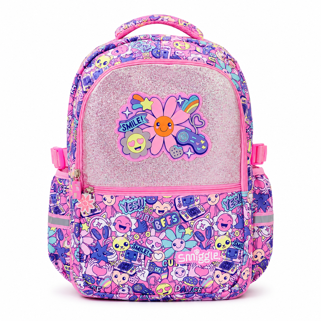 A pink and purple backpack with a glittery pink front pocket featuring a smiling flower patch and a busy cartoon print on the sides and bottom, photographed on a white background.