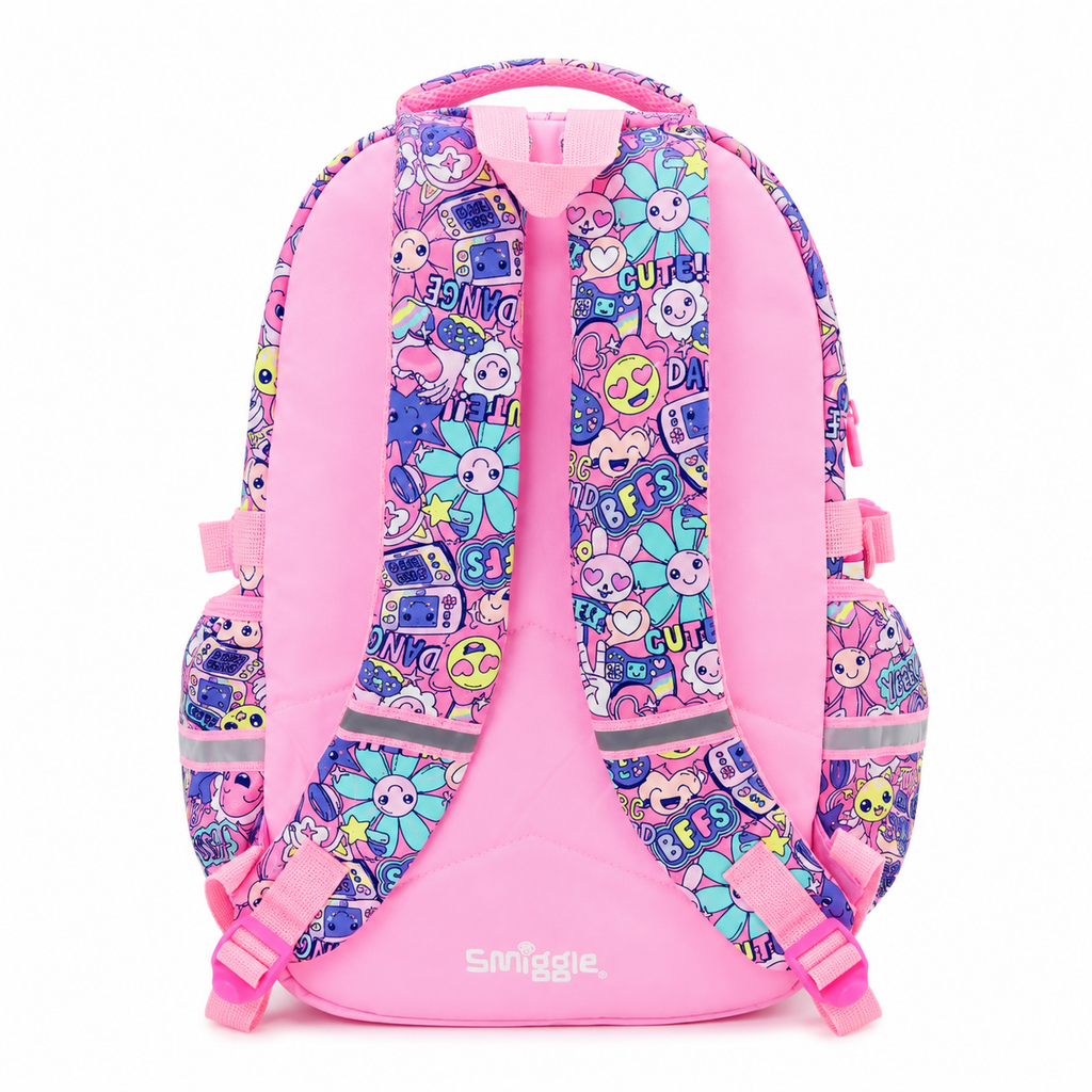 A pink backpack with colorful cartoon patterns on the straps and side pockets, shown from the back on a white background. The brand name 'Smuggle.