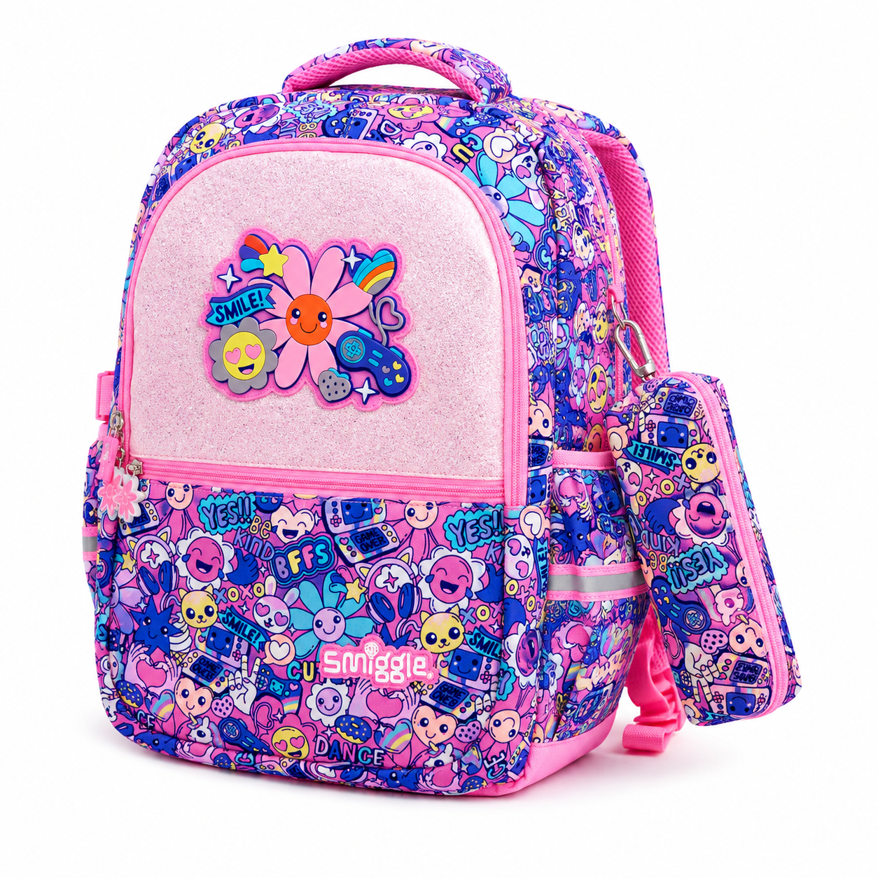 A pink and blue patterned school backpack with a matching pencil case, featuring a large glittery pink front pocket with a cartoon flower patch and the Smiggle logo.