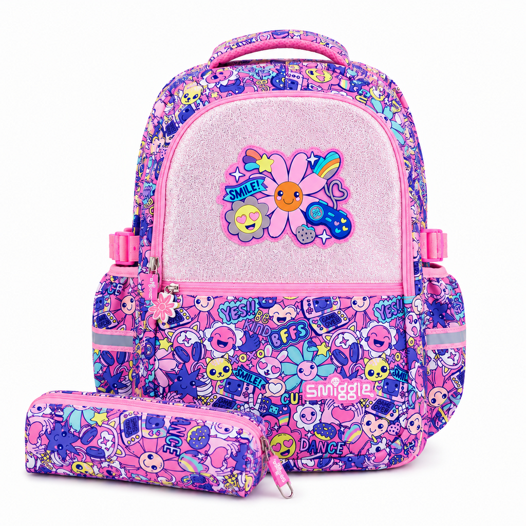A pink and purple patterned school backpack with a matching pencil case, featuring a glittery pink front pocket with a flower patch and cartoon graphics.