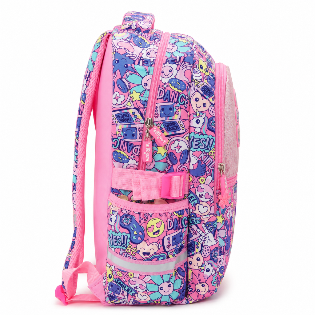 A pink and purple school backpack with a busy cartoon character print, featuring multiple compartments, a side pocket, and adjustable shoulder straps, shown against a plain white background.