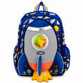 A children's backpack designed like a rocket ship, featuring a blue outer body with space-themed print, a gray front panel, a colorful globe window, and orange and yellow accents.