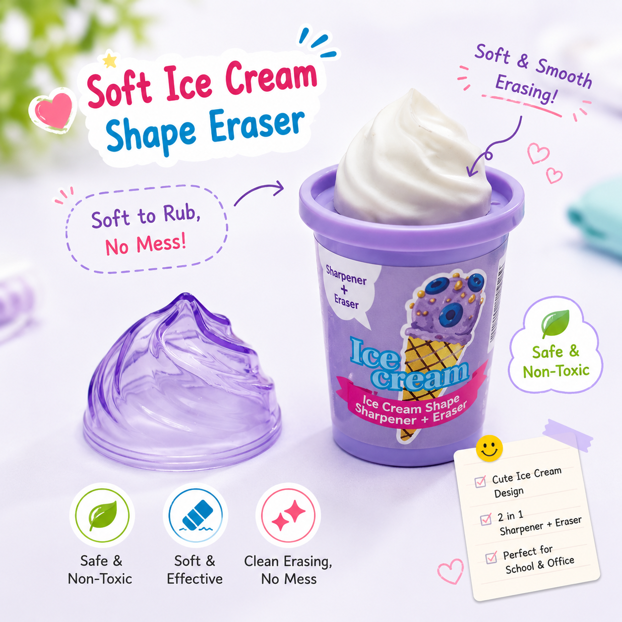 Blueberry Purple 2-in-1 Ice Cream Cup Eraser & Sharpener