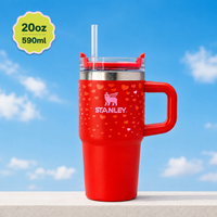 Red Stanley tumbler with heart pattern against a blue sky background