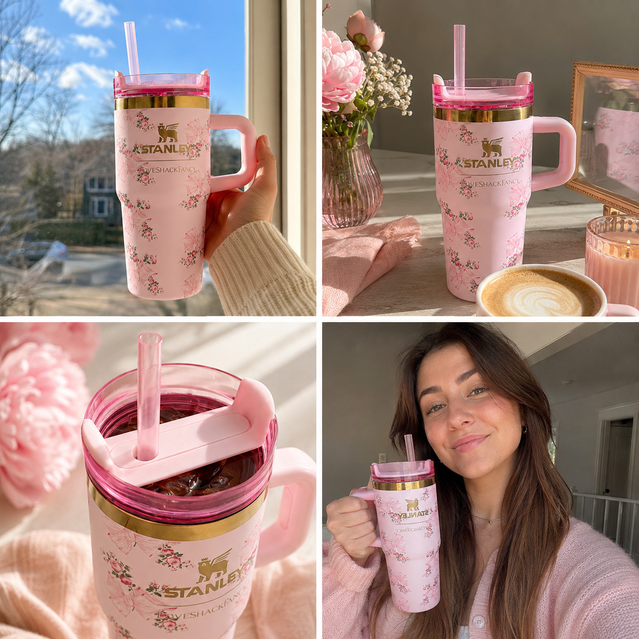 Collage of a pink Stanley tumbler with floral design held by a person, on a table, and being used.