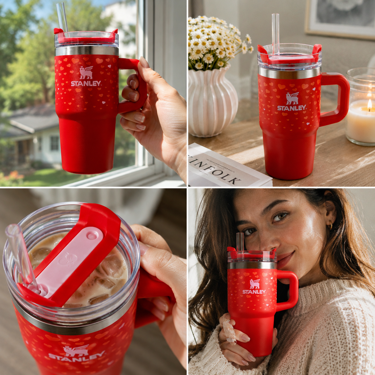 Collage of a red Stanley mug being used outdoors and indoors.
