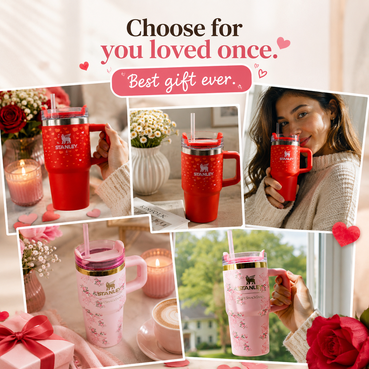 Collage of red and pink Stanley mugs with people holding them, surrounded by romantic elements like flowers and candles.