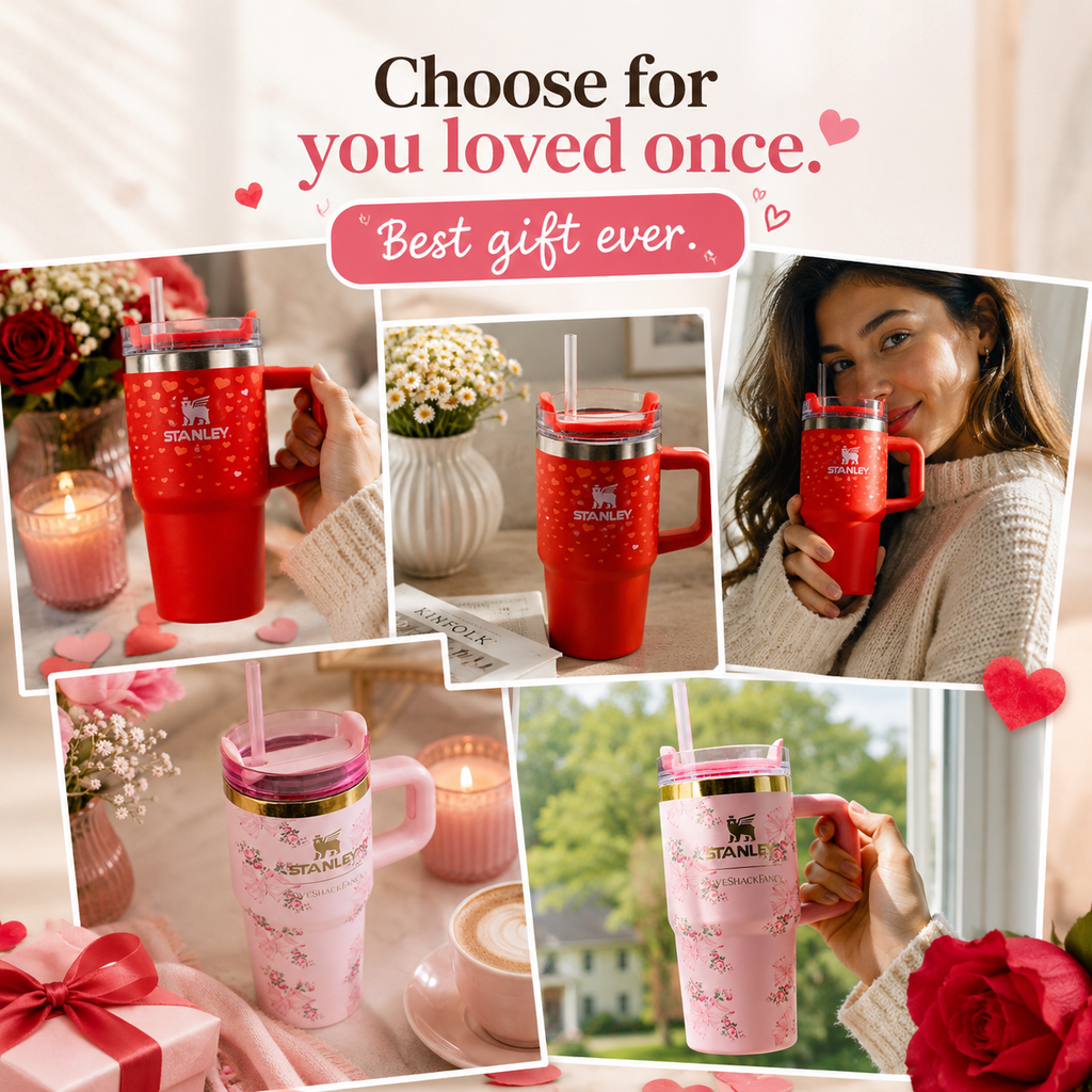 Collage of red and pink Stanley mugs with people holding them, surrounded by romantic elements like flowers and candles.