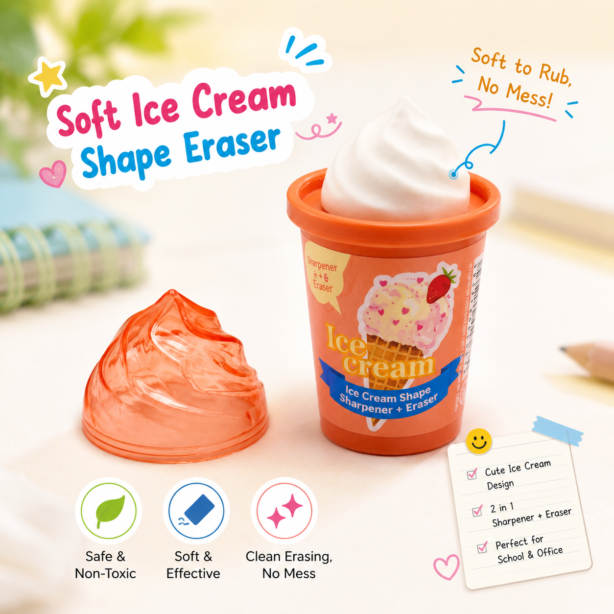 Strawberry Orange 2-in-1 Ice Cream Cup Eraser & Sharpener