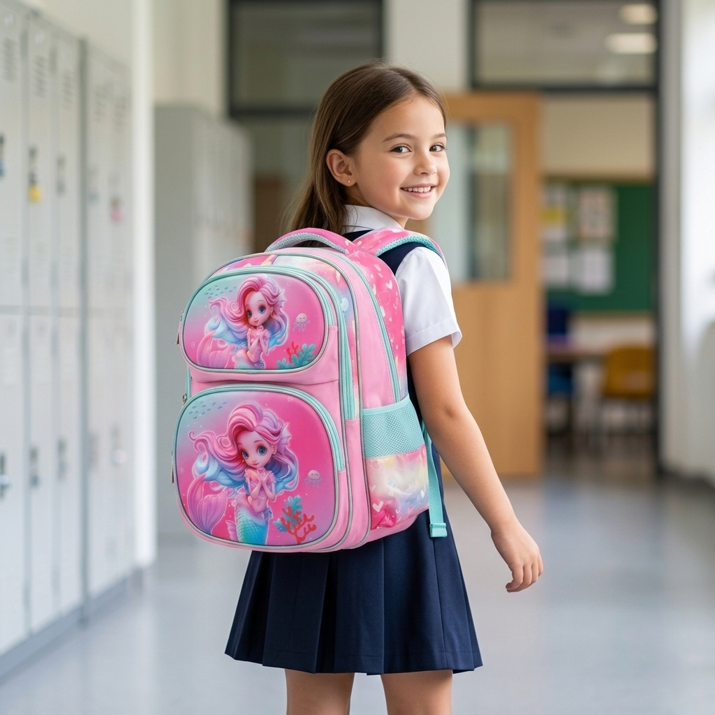 16" Enchanted Mermaid 3-Compartment Large Backpack | Ergonomic Pink & Teal School Bag for Girls