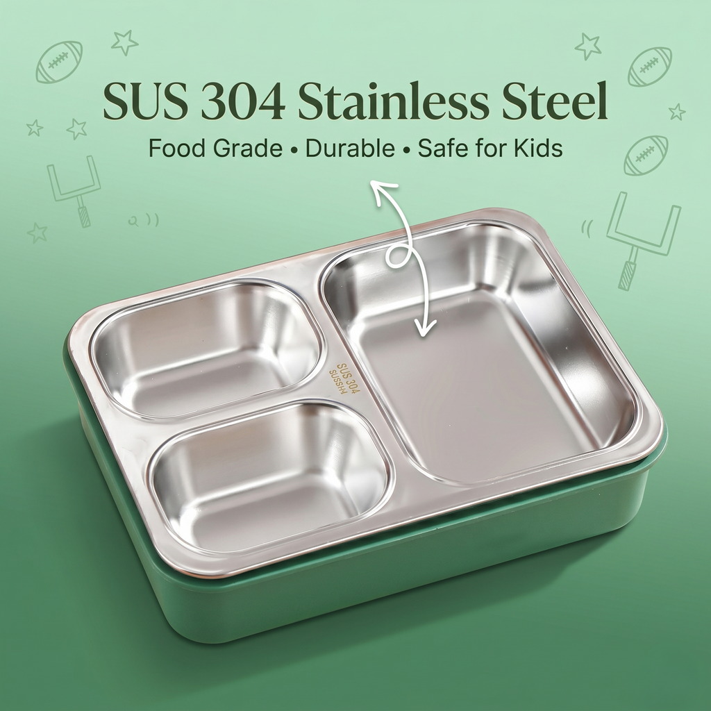 "Football Goal" 3-Compartment Premium SUS 304 Stainless Steel Bento Box