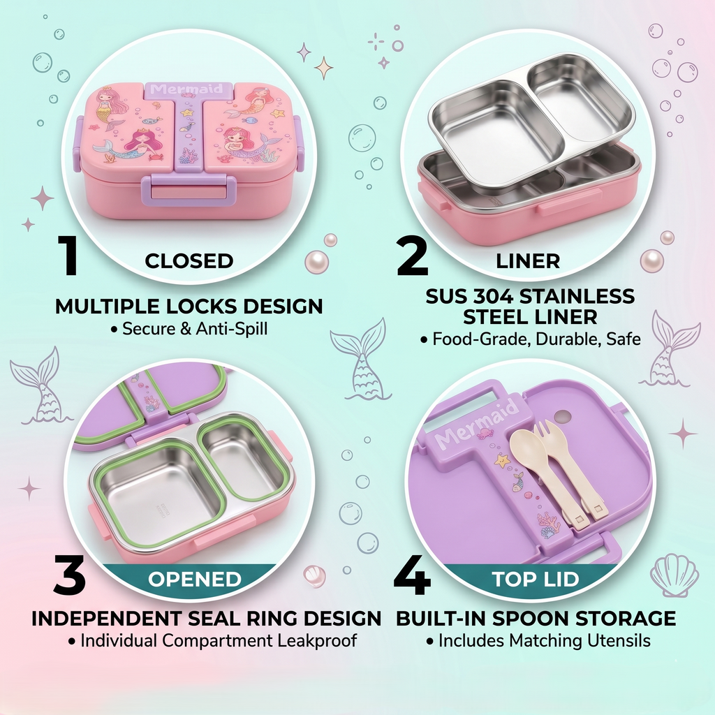 "Mermaid Dream" 2-Compartment SUS 304 Insulated Kids Lunch Box