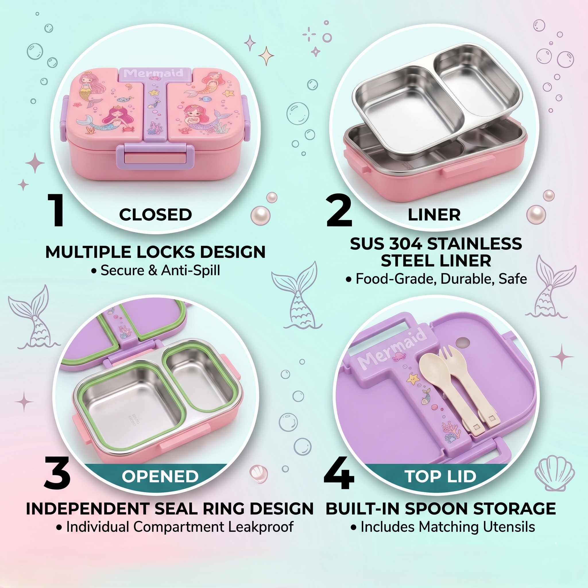 "Mermaid Dream" 2-Compartment SUS 304 Insulated Kids Lunch Box