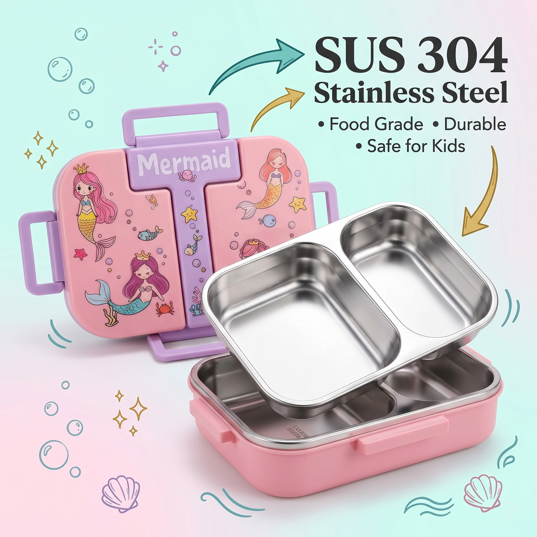 "Mermaid Dream" 2-Compartment SUS 304 Insulated Kids Lunch Box