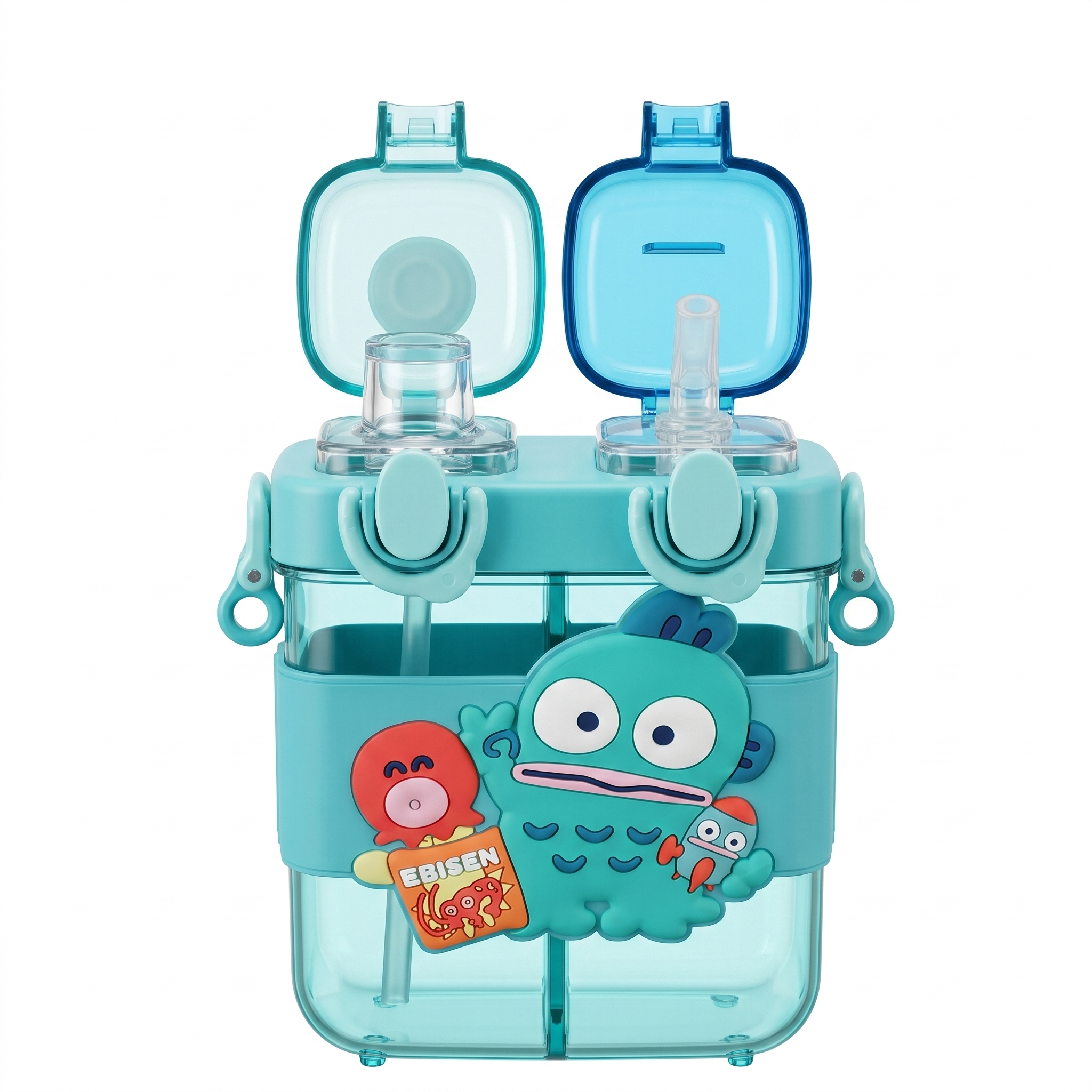 Hangyodon 2-in-1 Dual-Chamber Water Bottle for Kids | 680ml Teal Sipper & Non-Sipper BPA-Free Plastic Bottle with Adjustable Carry Strap