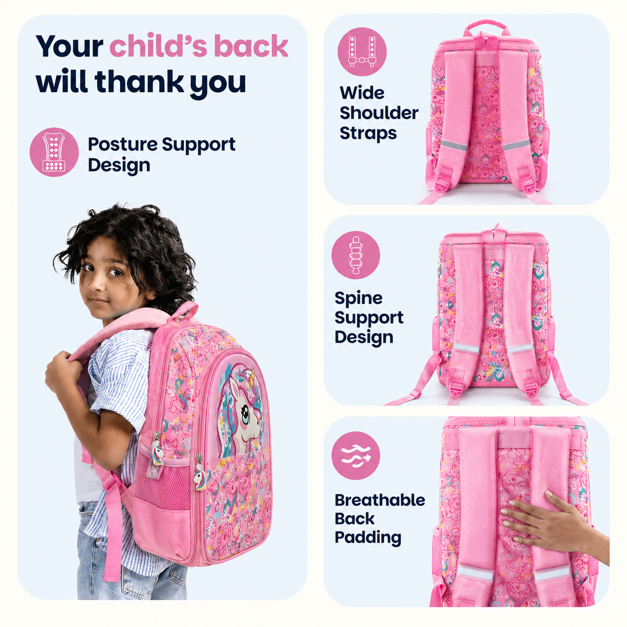 Unicorn 16" Hard-Shell School Backpack with Utility Pouch – Pink