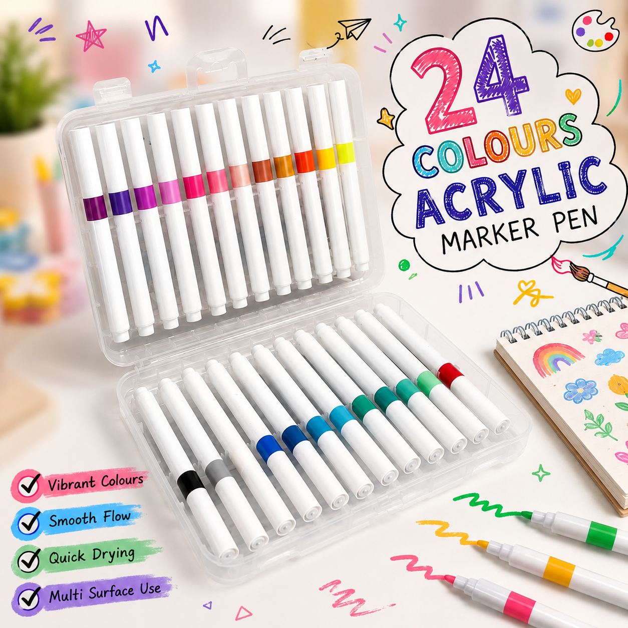 Professional 24-Color Fine Tip Acrylic Paint Pens