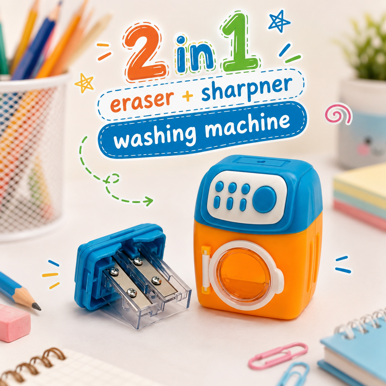 Washing Machine Orange 2-in-1 Eraser & Sharpener