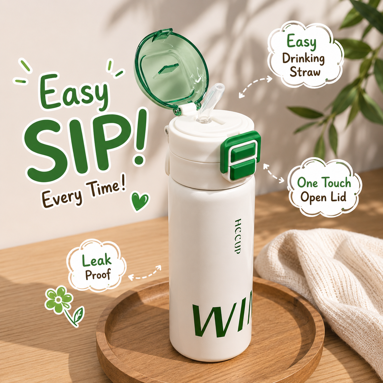 500ml WIN Dual-Drink Bottle – White & Green