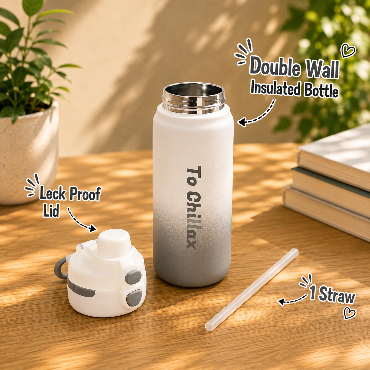 600ml Chillax Insulated Bottle – White & Grey